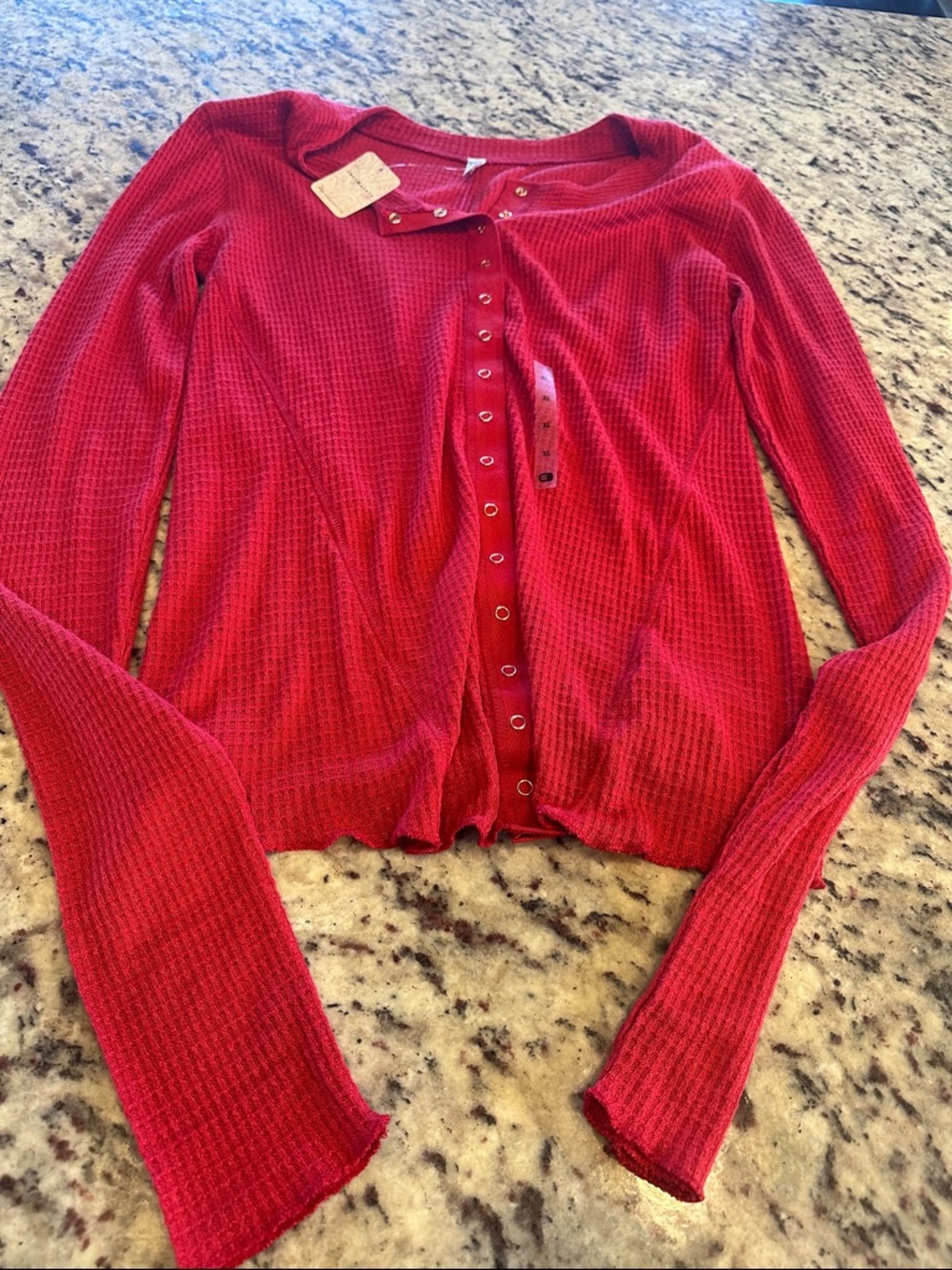 Free People Red Waffle-Knit Snap Front Long Sleeve Top